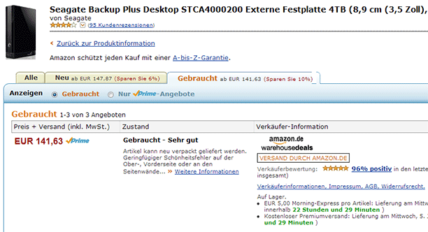 Zustandsbeschreibung Retourenkauf Festplatte